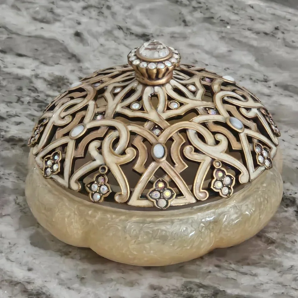 RARE JAY STRONGWATER ARABESQUE SCROLL CRYSTAL ENAMEL VANITY JAR CANISTER BOX